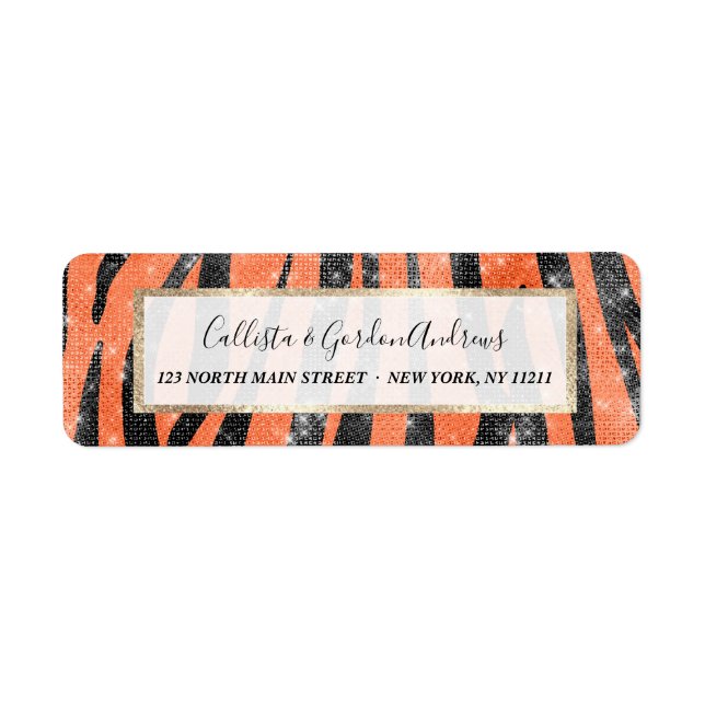 Glamorous Black Orange Glitter Animal Tiger Stripe Label (Front)