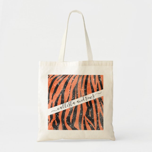 Glamorous Black Orange Glitter Animal Tiger Stripe Tote Bag (Front)