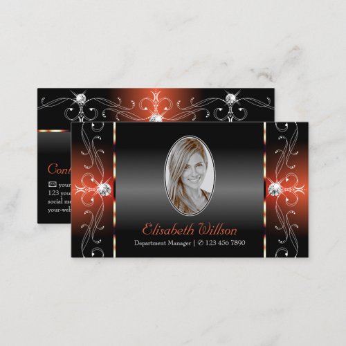 Glamorous Black Orange Squiggled Jewels with Photo Business Card