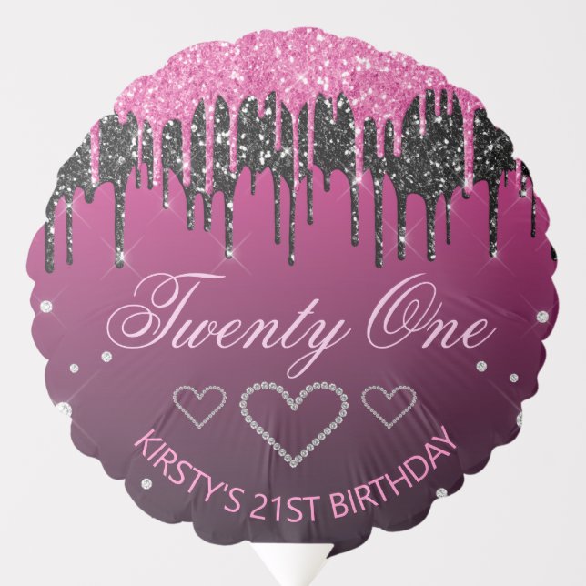 Glamorous Black & Pink Dripping Glitter Birthday Balloon (Front)