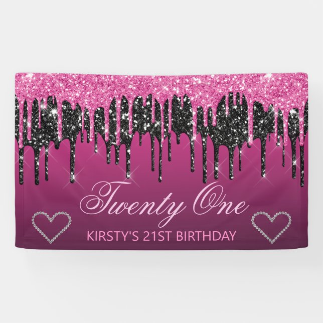 Glamorous Black & Pink Dripping Glitter Birthday  Banner (Horizontal)