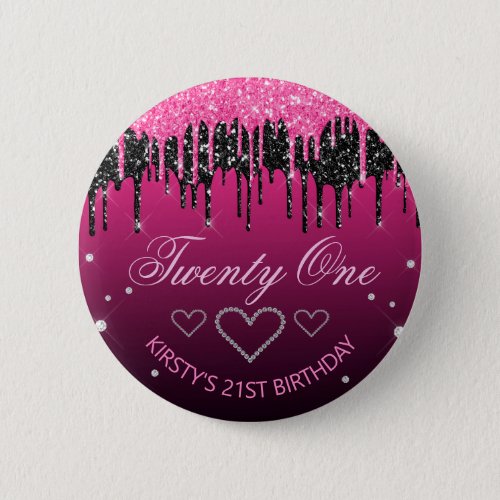 Glamorous Black  Pink Dripping Glitter Birthday Button