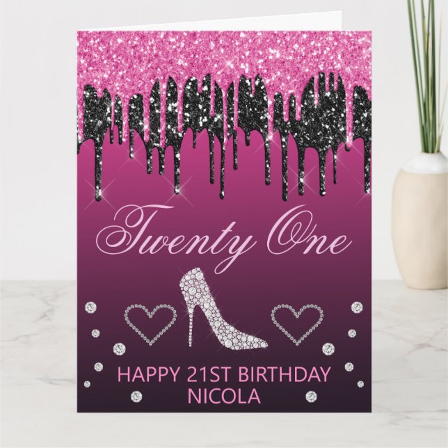 Glamorous Black & Pink Dripping Glitter Birthday Card (Front)