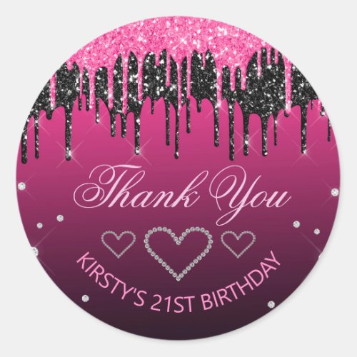 Glamorous Black  Pink Dripping Glitter Birthday Classic Round Sticker