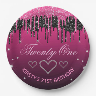 Glamorous Black & Pink Dripping Glitter Birthday Paper Plates