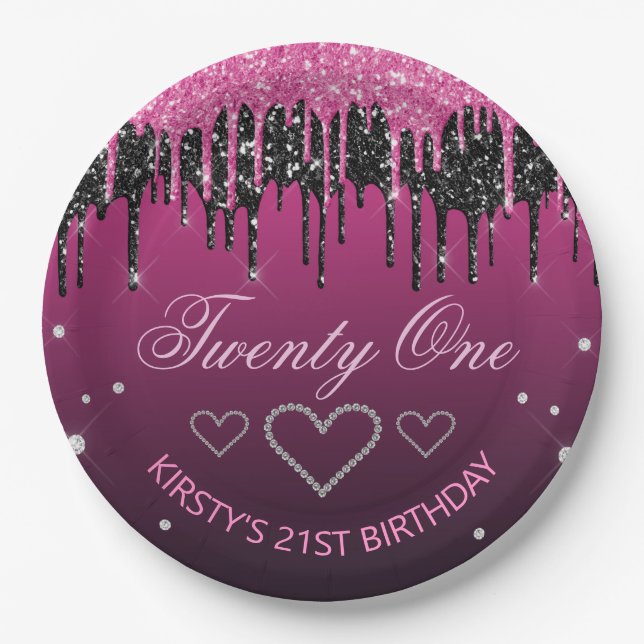 Glamorous Black & Pink Dripping Glitter Birthday Paper Plates (Front)