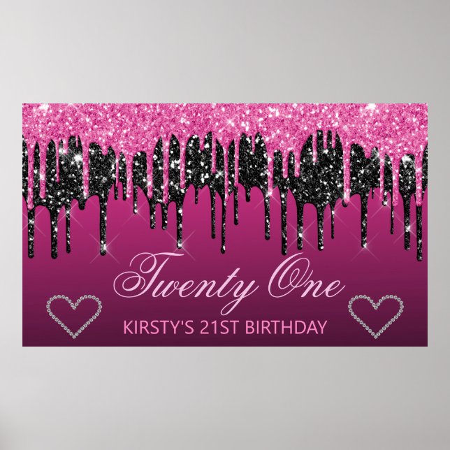 Glamorous Black & Pink Dripping Glitter Birthday Poster (Front)