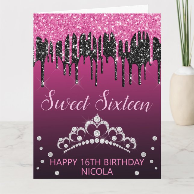Glamorous Black & Pink Dripping Glitter Sweet 16 Card (Front)