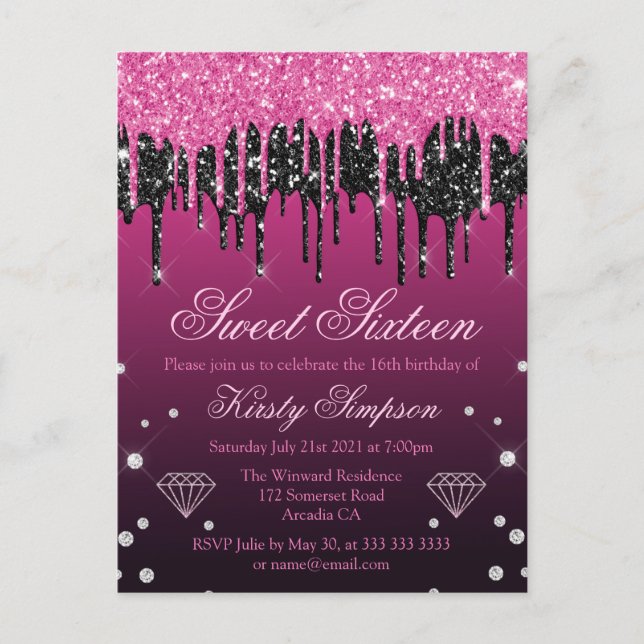 Glamorous Black & Pink Dripping Glitter Sweet 16 Postcard (Front)