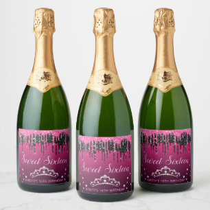 Glamorous Black & Pink Dripping Glitter Sweet 16 Sparkling Wine Label