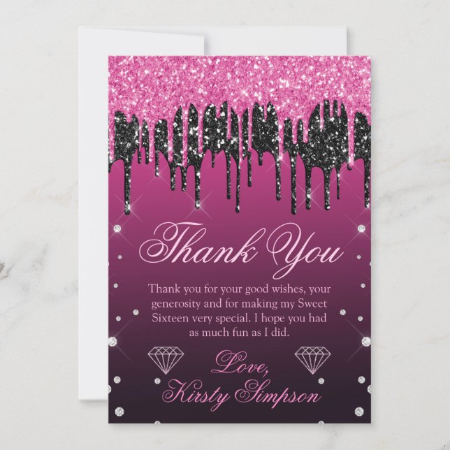 Glamorous Black & Pink Dripping Glitter Sweet 16 Thank You Card (Front)