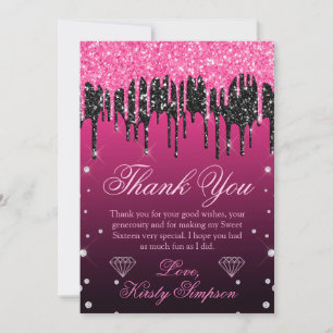 Glamorous Black & Pink Dripping Glitter Sweet 16 Thank You Card