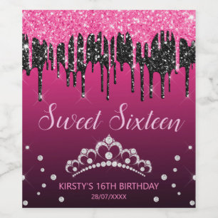 Glamorous Black & Pink Dripping Glitter Sweet 16 Wine Label
