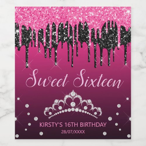 Glamorous Black  Pink Dripping Glitter Sweet 16 Wine Label