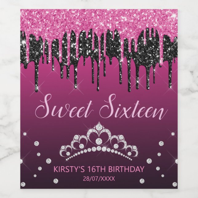 Glamorous Black & Pink Dripping Glitter Sweet 16 Wine Label (Single Label)