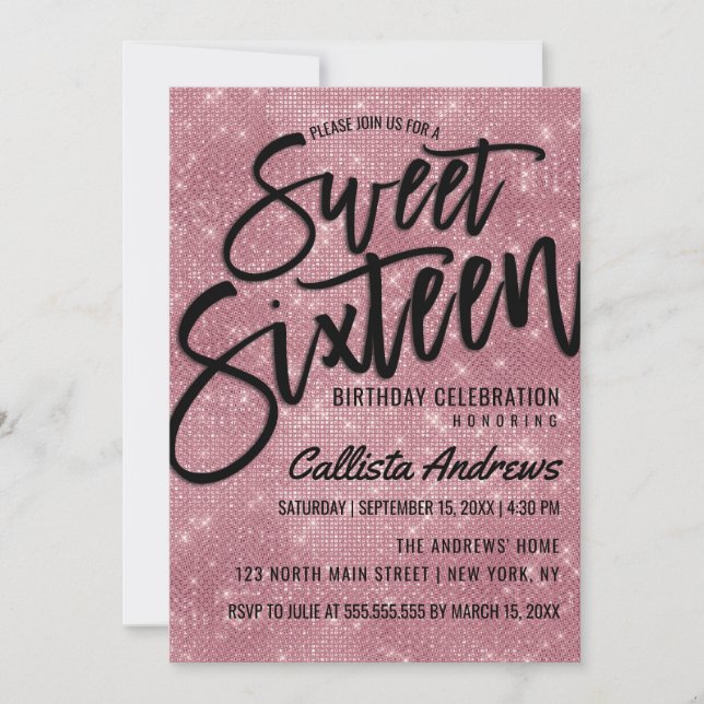 Glamorous Black Pink Glitter Sequins Sweet 16 Invitation (Front)
