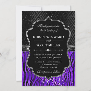 Glamorous Black Purple Tiger Stripes Wedding Invitation