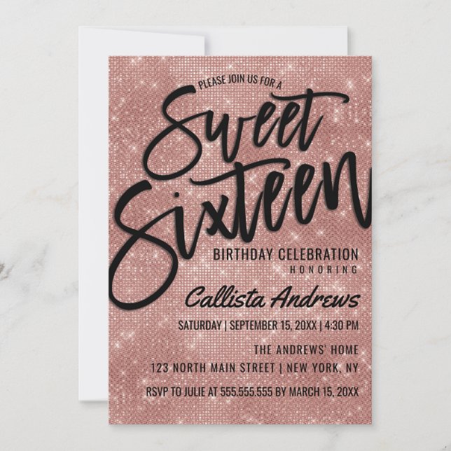 Glamorous Black Rose Gold Glitter Sequins Sweet 16 Invitation (Front)