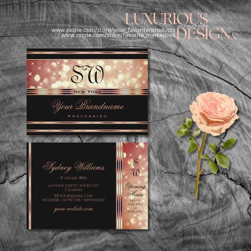 Glamorous Black Rose Gold Sparkle Glitter Monogram Business Card