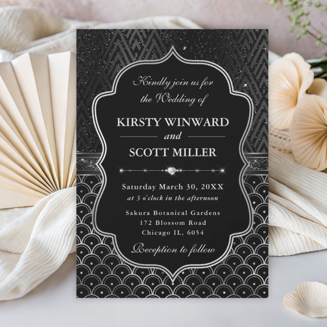 Glamorous Black Silver Art Deco Wedding Invitation (Creator Uploaded)
