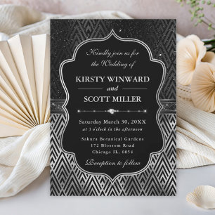 Glamorous Black Silver Art Deco Wedding Invitation