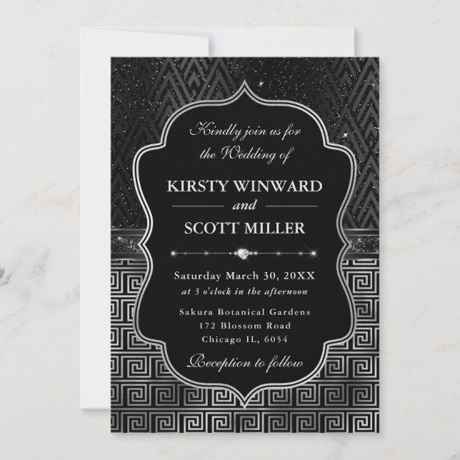 Glamorous Black Silver Art Deco Wedding Invitation (Front)