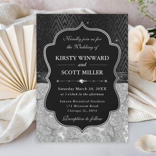 Glamorous Black Silver Giraffe Spots Wedding Invitation