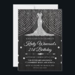 Glamorous Black & Silver Rhinestone 21st Birthday  Invitation<br><div class="desc">This rustic glamorous black and silver rhinestone 21st birthday invitation features a sparkling crystal gown, elegant draped lights, and a chic wood-textured backdrop for a luxe-meets-rustic vibe. Perfect for classy 21st birthday celebrations, glamorous milestone parties, evening cocktail themes, and elegant adult birthday events. A stunning choice for black tie, silver...</div>