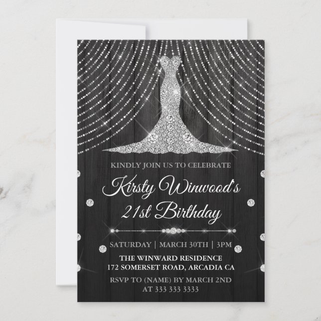Glamorous Black & Silver Rhinestone 21st Birthday  Invitation (Front)