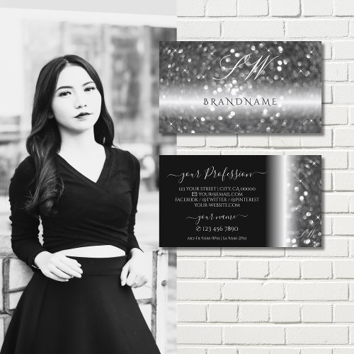 Glamorous Black Silver Sparkling Glitter Initials Business Card