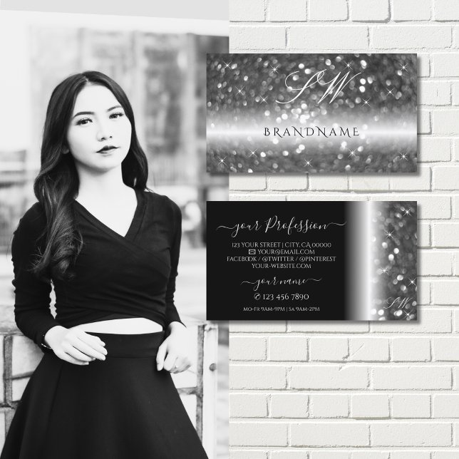 Glamorous Black Silver Sparkling Glitter Initials Business Card (Creator Uploaded)