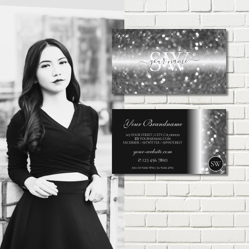 Glamorous Black Silver Sparkling Glitter Monogram Business Card