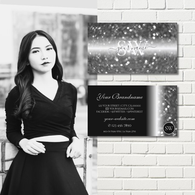 Glamorous Black Silver Sparkling Glitter Monogram Business Card (Creator Uploaded)