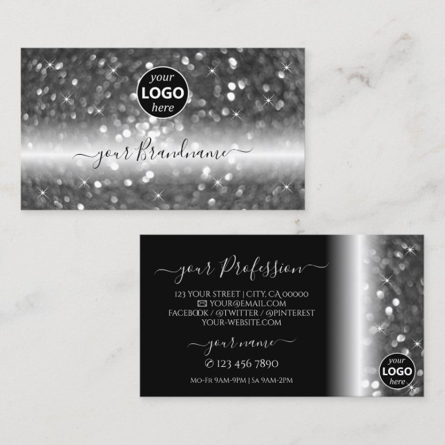 Glamorous Black Silver Sparkling Glitter with Logo Business Card (Front/Back)