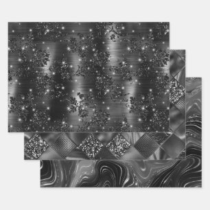 Glamorous Black & Silver Sparkling Patterns Wrapping Paper Sheets