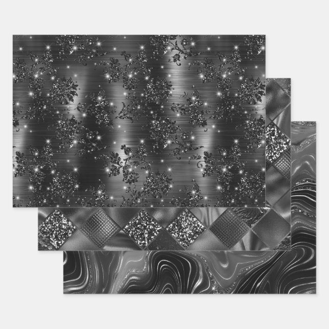 Glamorous Black & Silver Sparkling Patterns Wrapping Paper Sheets (Set)