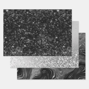 Glamorous Black & Silver Sparkling Patterns Wrapping Paper Sheets