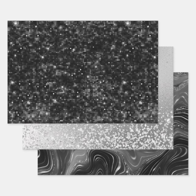Glamorous Black & Silver Sparkling Patterns Wrapping Paper Sheets (Set)