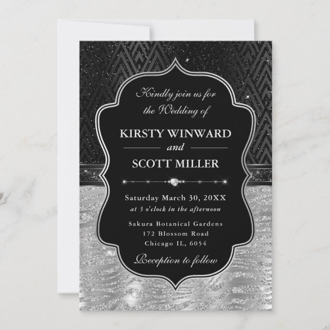 Glamorous Black Silver Zebra Stripes Wedding Invitation (Front)