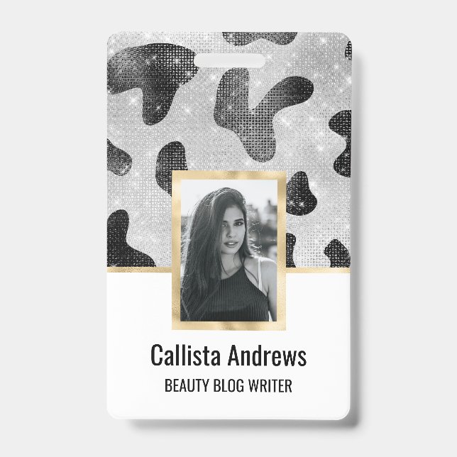 Glamorous Black Sparkly Glitter Sequins Cow Print Badge (Front)