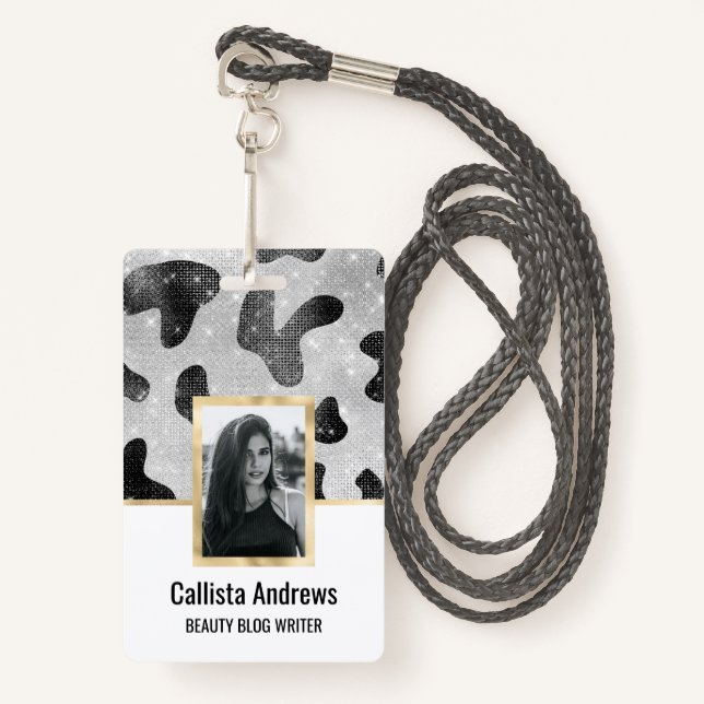 Glamorous Black Sparkly Glitter Sequins Cow Print Badge (Front with Lanyard)