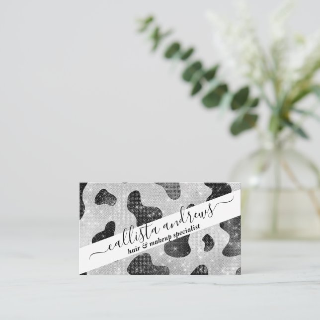 Glamorous Black Sparkly Glitter Sequins Cow Print Business Card