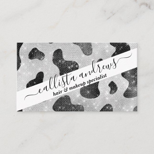 Glamorous Black Sparkly Glitter Sequins Cow Print Business Card (Front)