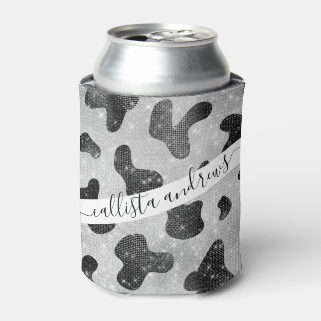 Glamorous Black Sparkly Glitter Sequins Cow Print Can Cooler (Can Front)