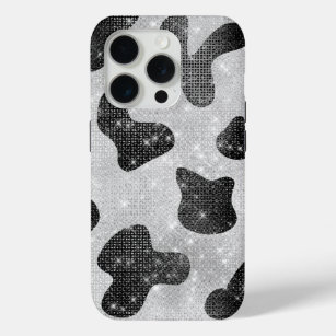 Glamorous Black Sparkly Glitter Sequins Cow Print iPhone 15 Pro Case