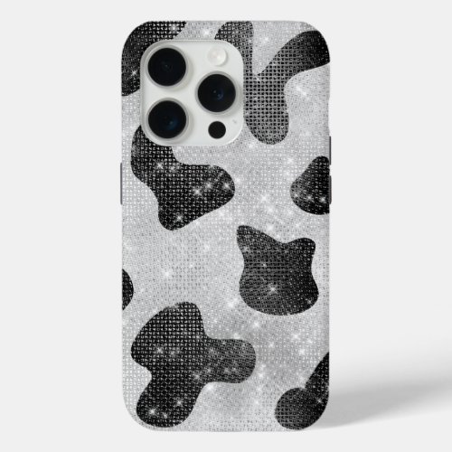 Glamorous Black Sparkly Glitter Sequins Cow Print iPhone 15 Pro Case