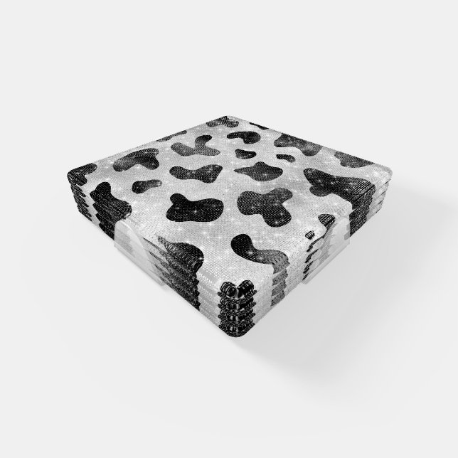 Glamorous Black Sparkly Glitter Sequins Cow Print Coaster Set (Set)