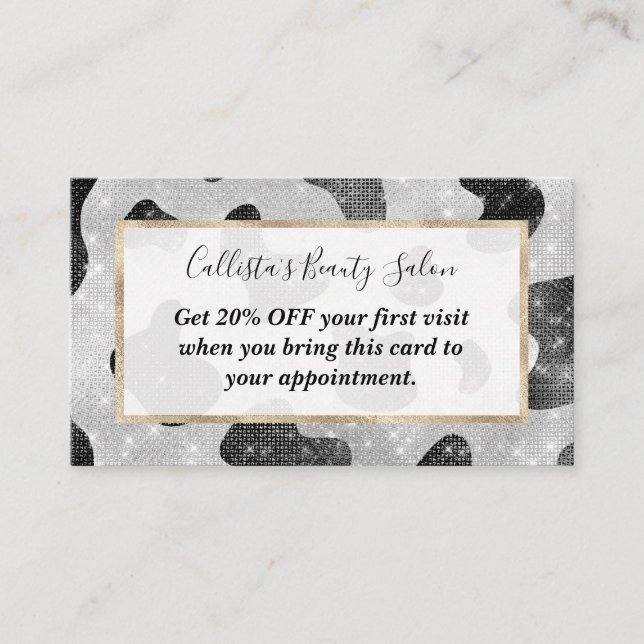 Glamorous Black Sparkly Glitter Sequins Cow Print Discount Card (Front)