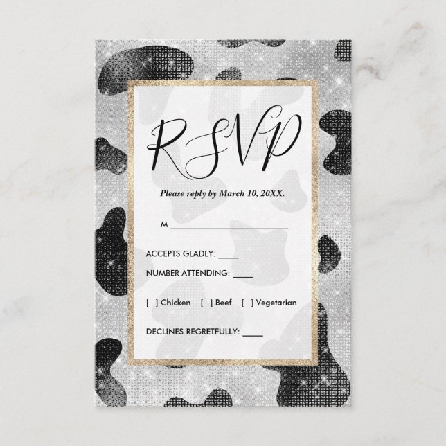 Glamorous Black Sparkly Glitter Sequins Cow Print Enclosure Card (Front)