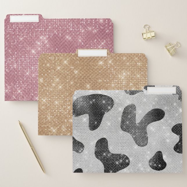 Glamorous Black Sparkly Glitter Sequins Cow Print File Folder (Set)